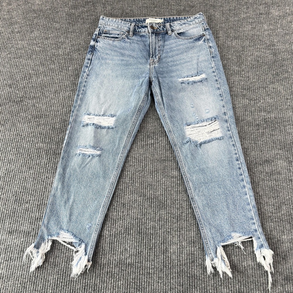 Hidden Jeans Mom Jeans Womens 28 Light Wash High Rise Distressed Fringe Hem Crop